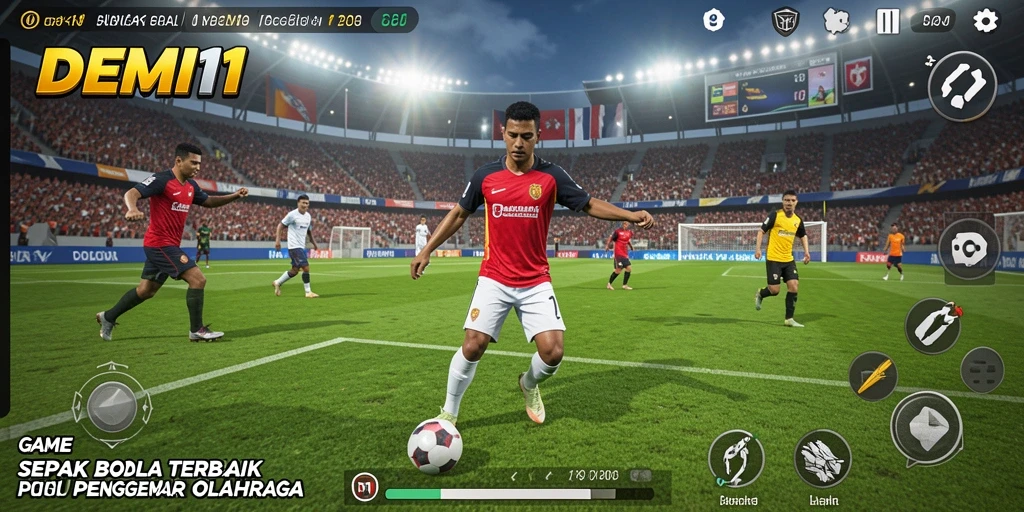 Screenshot dari gameplay <strong>DEMI11</strong> menunjukkan tindakan intens di lapangan sepak bola.
