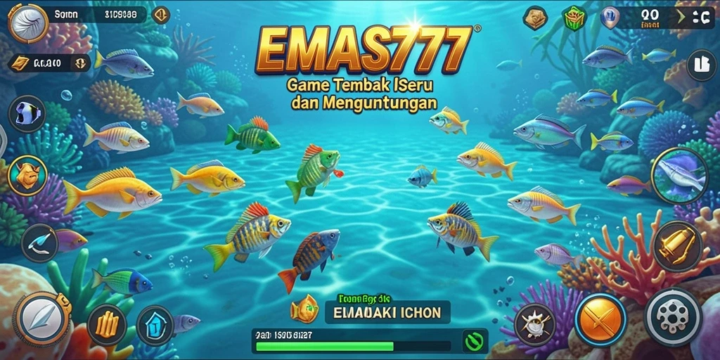 Screenshot permainan EMAS777 menunjukkan aksi menembak ikan yang seru.