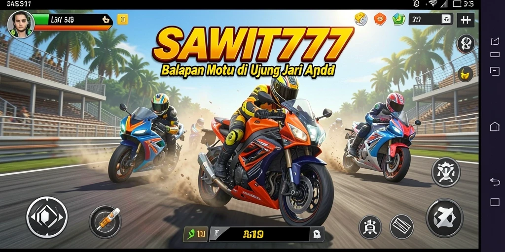Tampilan gameplay SAWIT777 dengan motor yang melaju kencang di trek.