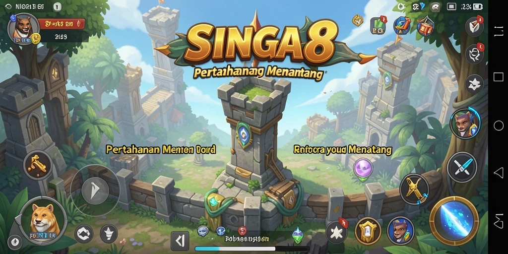 Tangkapan layar SINGA8 menampilkan strategi menara dalam pertempuran.