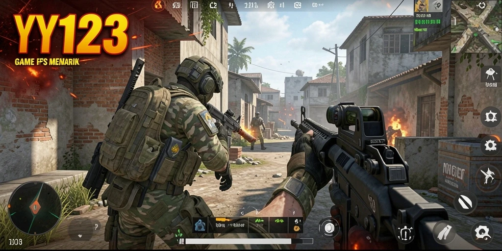 Screenshot utama YY123 menampilkan intensitas pertempuran FPS yang mendebarkan.