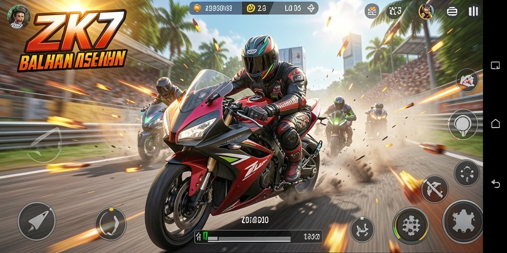 Screenshot menunjukkan momen seru balapan motor di trek menantang.